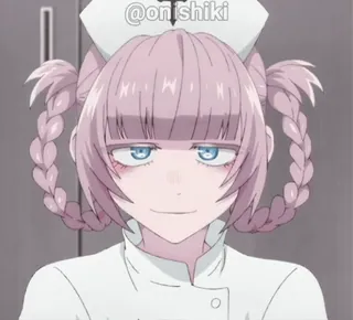 😏 @onishiki 动漫女孩, 护士, 浅粉色, 双马尾, 得意, 数字艺术 whatsapp sticker