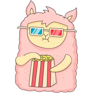 🍿 lama, popcorn, lunettes 3D, regarder film, cinéma, dessin animé, mignon telegram sticker