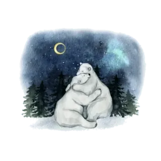 💫 หมีขั้วโลก, กอด, ฤดูหนาว, กลางคืน, พระจันทร์, ดาว, สัตว์, ความรัก, มิตรภาพ telegram sticker
