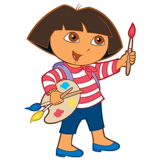 🎨 Dora the Explorer โดรา, นักสำรวจ, การ์ตูน, ศิลปิน, จานสี, พู่กัน telegram sticker