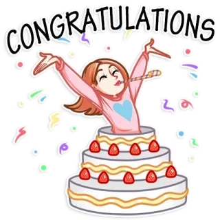 🥳 CONGRATULATIONS parabéns, celebração, bolo, festa, sucesso, conquista, desenho animado, feliz telegram sticker
