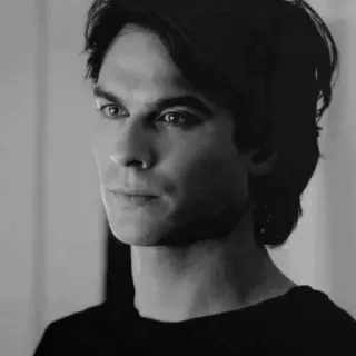 ▪️ Damon Salvatore The Vampire Diaries aktor, portret, celebryta, czarno-białe, serial TV, wampir, fantasy telegram sticker