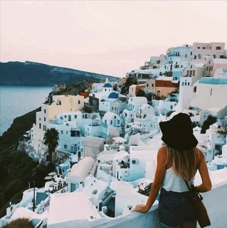 😍 旅行, 旅游, 圣托里尼, 希腊, 度假, 白色建筑, 海, 女人 telegram sticker