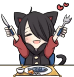 🍴 кот, аниме, каваий, еда, ужин, милый, вилка, нож, счастливый whatsapp sticker