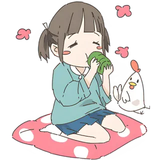 ☕ girl, eating, cute, chicken, kawaii, cartoon, sticker telegram sticker