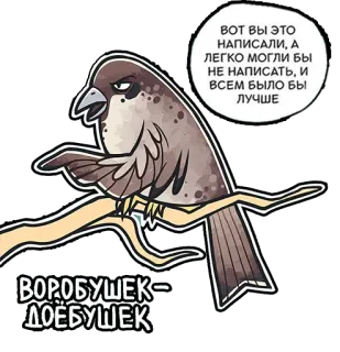 🤨 ВОРОБУШЕК -
ДОЁБУШЕК
ВОТ ВЫ ЭТО
НАПИСАЛИ, А
ЛЕГКО МОГЛИ БЫ
НЕ НАПИСАТЬ, И
ВСЕМ БЫЛО БЫ
ЛУЧШЕ chim, chim sẻ, tiếng Nga, xúc phạm telegram sticker