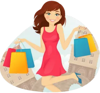 🛍 Shopping, Frau, Taschen, Mode, Cartoon, Gebäude whatsapp sticker