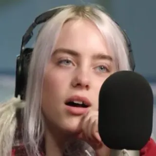 💧 Billie Eilish นักร้อง, นักดนตรี, Billie Eilish, ป๊อปสตาร์, หูฟัง, ไมโครโฟน telegram sticker