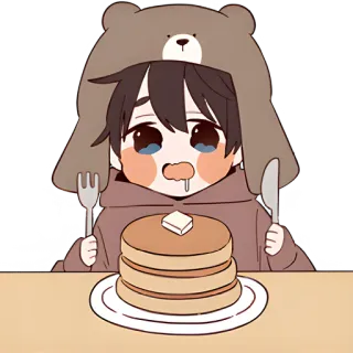 🤤 cute, boy, pancakes, food, bear, breakfast, cartoon, hungry telegram sticker