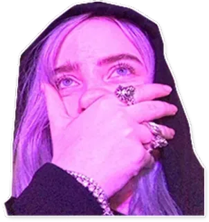 😦 Billie Eilish музыкант, певец, поп-звезда, знаменитость, худи, фиолетовые волосы telegram sticker