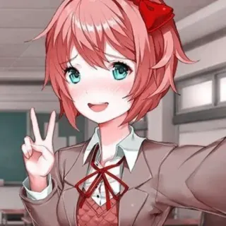 💗 Sayori Doki Doki Literature Club! Anime, dziewczyna, znak pokoju, słodki, kreskówka, gra wideo, Doki Doki Literature Club whatsapp sticker