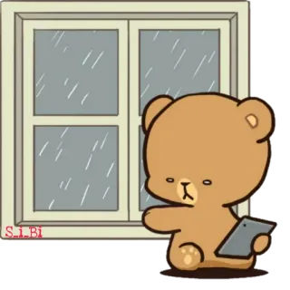 😔 orso, pioggia, finestra, triste, annoiato, tablet telegram sticker