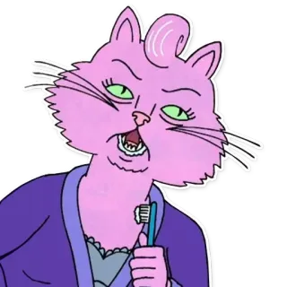 🚰 Princess Carolyn BoJack Horseman кошка, зубная щетка, мультфильм, утро, розовый, сонный telegram sticker