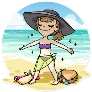 🏖 пляж, лето, отпуск, женщина, шляпа, песок, море, мультфильм telegram sticker