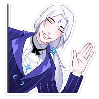 👋 สติกเกอร์, สไตล์อนิเมะ, ผมขาว, ชุดสูทสีม่วง, ยิ้ม, ประกาย telegram sticker