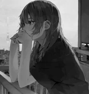 ⚓️ anime girl, manga, sad, pensive, cityscape, black and white telegram sticker