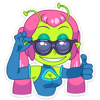 😎 Alien, Desenho animado, Joinha, Óculos, Fofo, Menina, Ilustração telegram sticker