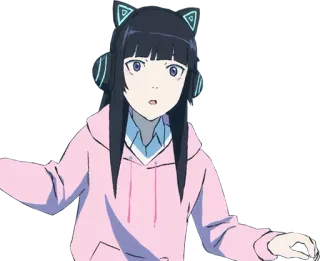 😯 Anime Mädchen, Katzenohren, Kopfhörer, Pinker Hoodie telegram sticker