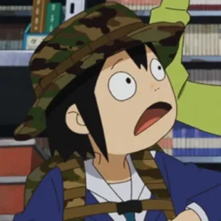 ❓ Anime, Desenho animado, Personagem, Chocado, Mochila, Chapéu, Camuflagem telegram sticker