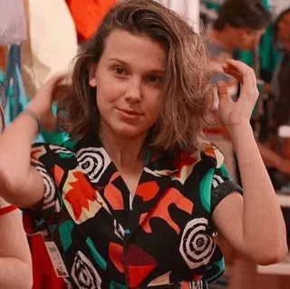 💟 Eleven Stranger Things Eleven, Millie Bobby Brown, Stranger Things, 80s fashion, hairstyle telegram sticker