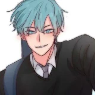🎧 Anime, Desenho animado, Masculino, Sorriso, Personagem, Pessoa, Cabelo azul whatsapp sticker