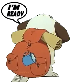 👩 I'M READY pies, plecak, podróże, kreskówka, gotowe telegram sticker