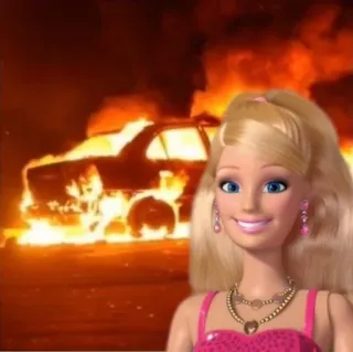 🤭 Barbie Barbie, brennendes Auto, Feuer, Zerstörung, Meme whatsapp sticker