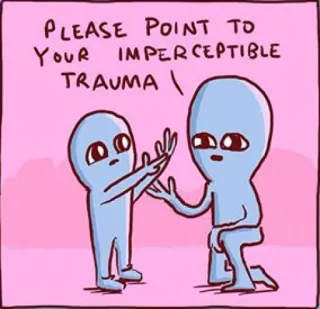 🤕 PLEASE POINT TO YOUR IMPERCEPTIBLE TRAUMA 宇宙人, トラウマ, 知覚できない, 指差し, 漫画, ミーム telegram sticker