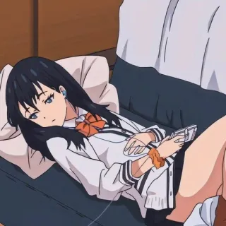 🍒 anime, girl, school uniform, relaxing, casual, indoors, lying down telegram sticker