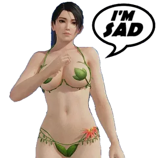 😥 I'M SAD phụ nữ, buồn, áo tắm, tóc nâu, bong bóng thoại, phong cách anime telegram sticker