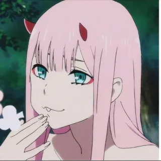🙂 Zero Two Darling in the Franxx アニメ, ゼロツー, ダーリン・イン・ザ・フランキス, カートゥーン, ツノ, ピンク髪, 可愛い telegram sticker