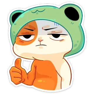 👍 สัตว์, แมว, ยกนิ้ว, หมวกกบ, การ์ตูน, น่ารัก, ตลก telegram sticker