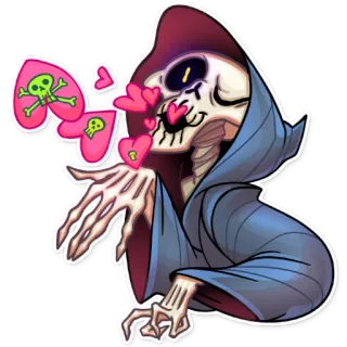😘 esqueleto, ceifador, morte, corações, caveira, desenho animado, fofo, fantasia telegram sticker