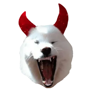 👿 犬, 白い犬, 赤い角, 歯, あくび, 動物, ペット telegram sticker