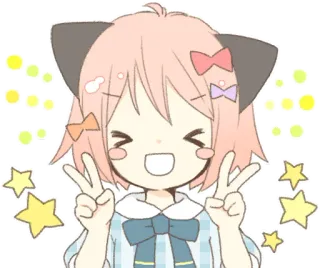 😆 Anime, Kawaii, Mignon, Fille, Signe de paix, Oreilles de chat, Étoiles telegram sticker