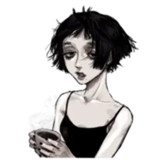 😞 garota, emo, café, retrato, mulher, arte, preto e branco, ilustração telegram sticker