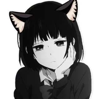 😔 อนิเมะ, มังงะ, หูแมว, ผู้หญิง, ขาวดำ, สติกเกอร์ telegram sticker