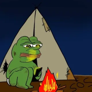 🏕 Pepe the Frog SOS Pepe la rana, triste, Meme, Camping, SOS, Angustia telegram sticker