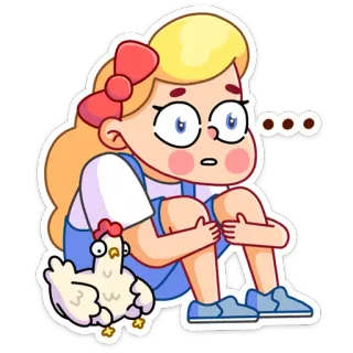 😐 Kartun, Gadis, Ayam, Sedih, Duduk, Berpikir whatsapp sticker