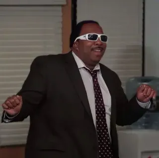 🪩 Stanley Hudson The Office danse, lunettes de soleil, costume, cravate, fête telegram sticker
