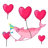 ❤️ narwhal, balon hati, topi pesta, merah muda, imut, kartun whatsapp sticker