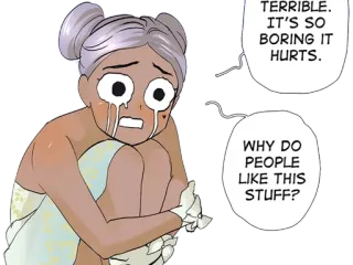 😰 TERRIBLE.
IT'S SO
BORING IT
HURTS.
WHY DO
PEOPLE
LIKE THIS
STUFF? smutny, płaczący, znudzony, emocjonalny, kreskówka, komiks telegram sticker