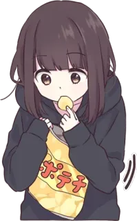 🍿 ポテチ Anime, Chica, Comiendo, Papas fritas, Snack, Kawaii, Lindo telegram sticker