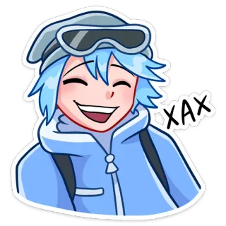😁 XAX Anime, Sticker, Figur, Cartoon, Fröhlich, Blaue Haare, Winter, Snowboarder telegram sticker