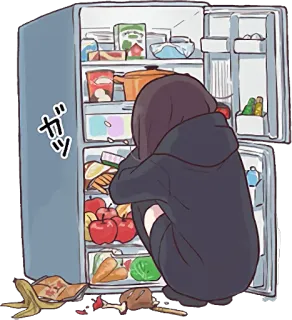 😪 ガツ anime, food, fridge, girl, eating, hungry telegram sticker