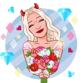 💐 diabeł, kwiaty, rogi, blondynka, kreskówka, serce, diamenty telegram sticker
