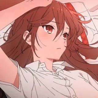 🍥 Anime, Garota, Uniforme escolar, Deitada, Olhos vermelhos, Cabelo castanho telegram sticker