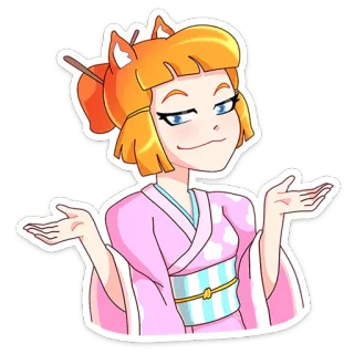 😔 anime girl, cartoon, fox ears, pink kimono, girl, question mark telegram sticker