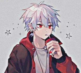 🤍 anime, boy, red eyes, drinking, kawaii, cute, cartoon whatsapp sticker