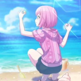 😃 anime girl, beach, sand, pink hair, summer, cute, playing, shells whatsapp sticker